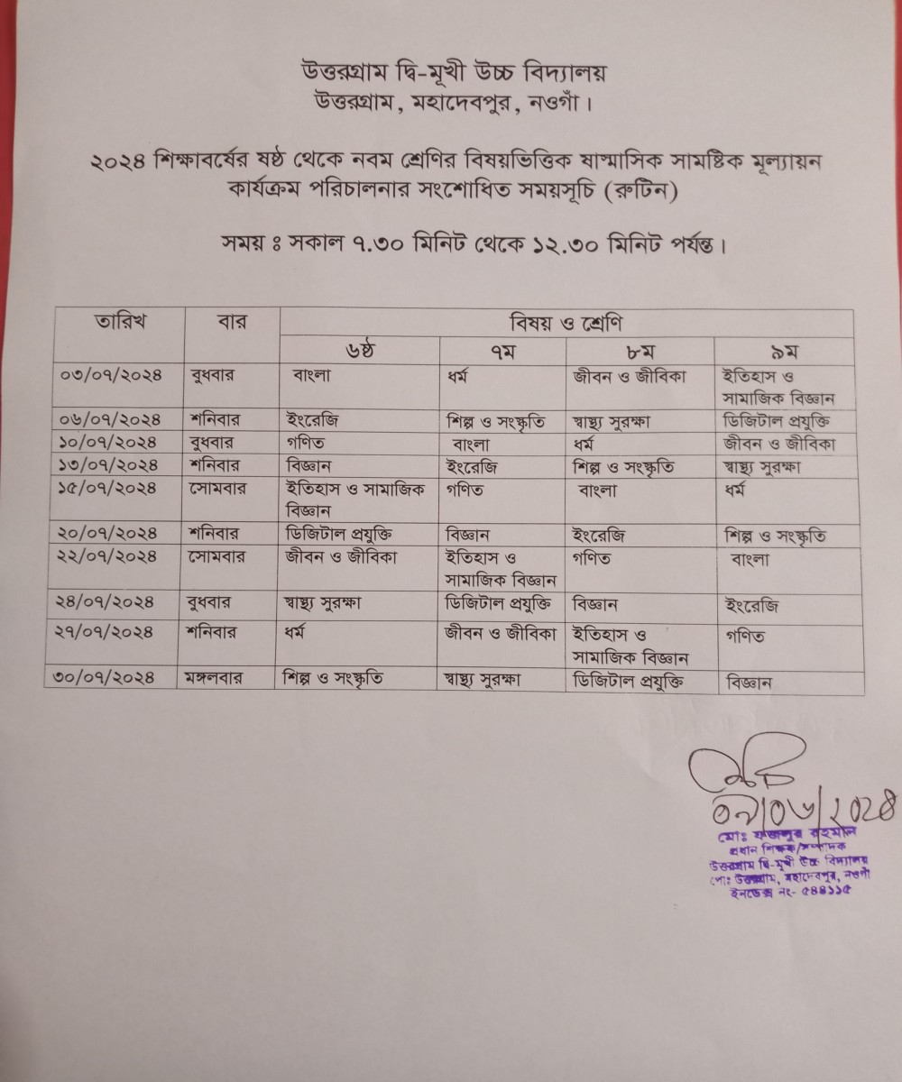 ৬ষ্ঠ হতে ৯ম শ্রেণির ষাণ্মাসিক পরীক্ষার রুটিন  ২০২৪